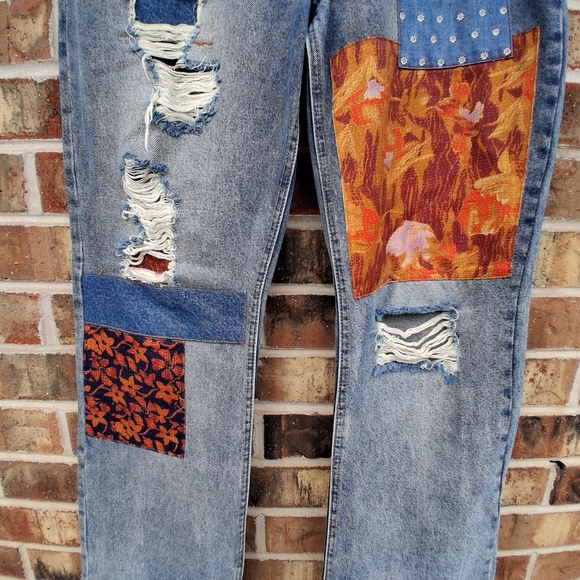 Free People We The Free Belladonna Patchwork Bootcut Jeans Boho Distressed Denim - Picture 4 of 14